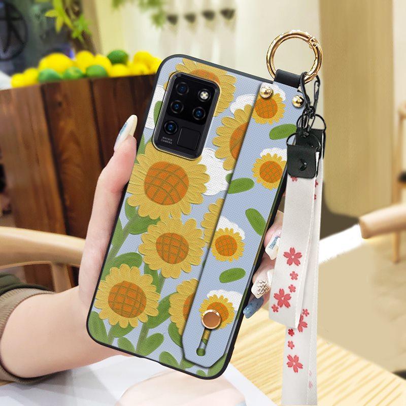Waterproof Durable Phone Case For Oukitel C21 Wristband Wrist Strap Shockproof Silicone Kickstand Protective Ring Flower