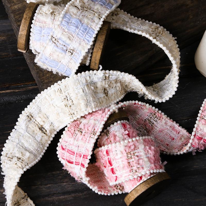 2yards 38mm Elegant Crochet Velvet Tweed Ribbon with Pearl Beads Edge for DIY Hair Bows Sewing Supplies Gift Packing Hat Decor