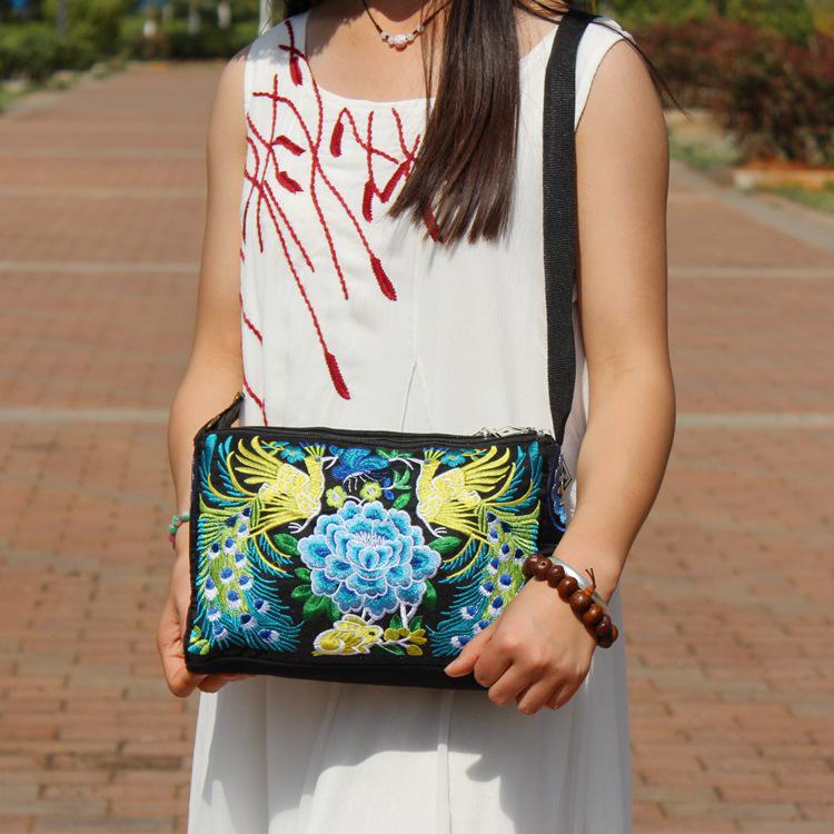 Yunnan Ethnic Embroidered One-Shoulder Crossbody Bag with Three Zippers - Large Size for Ladies