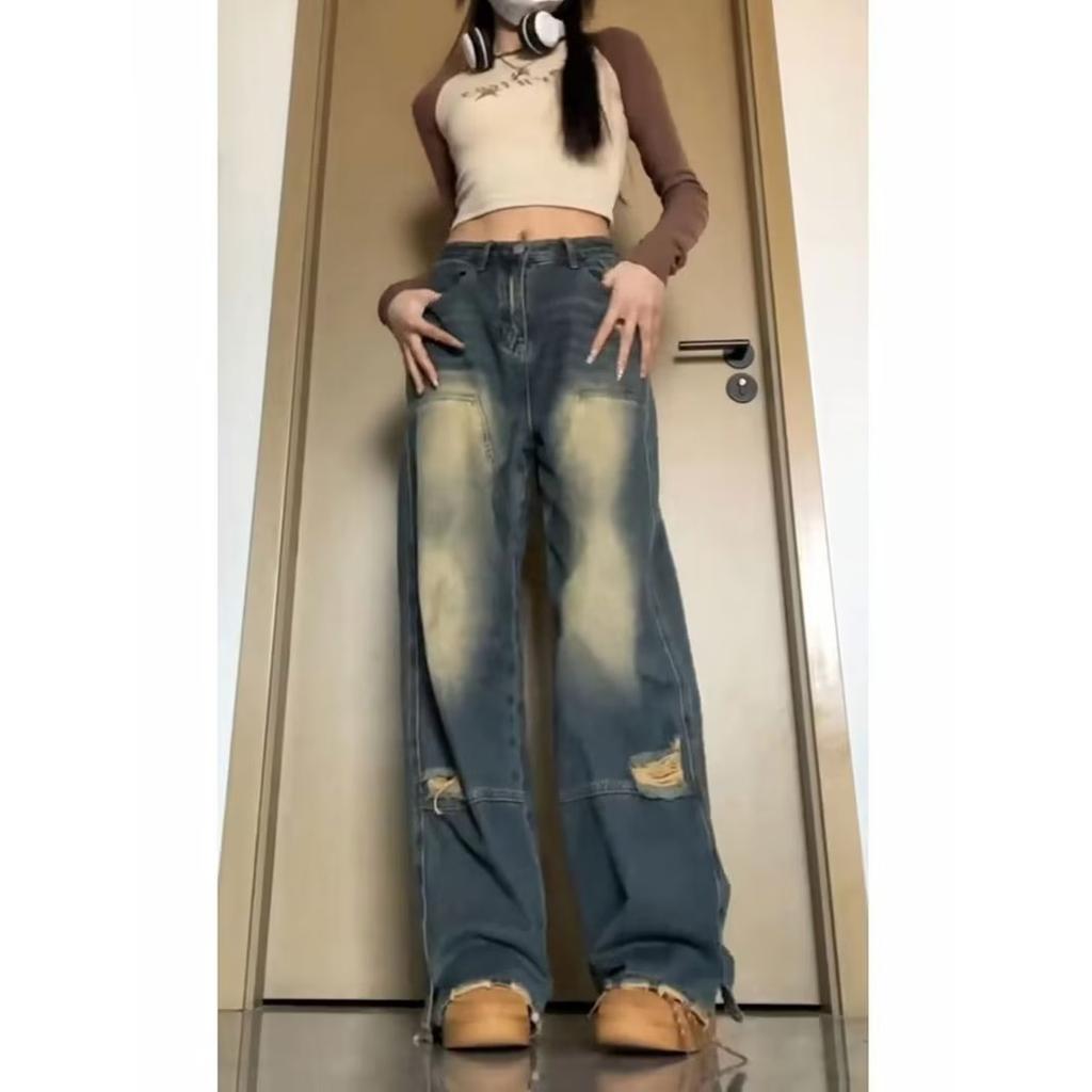 Retro washed old straight jeans women's summer high waist loose and thin drape hole straight pants tide