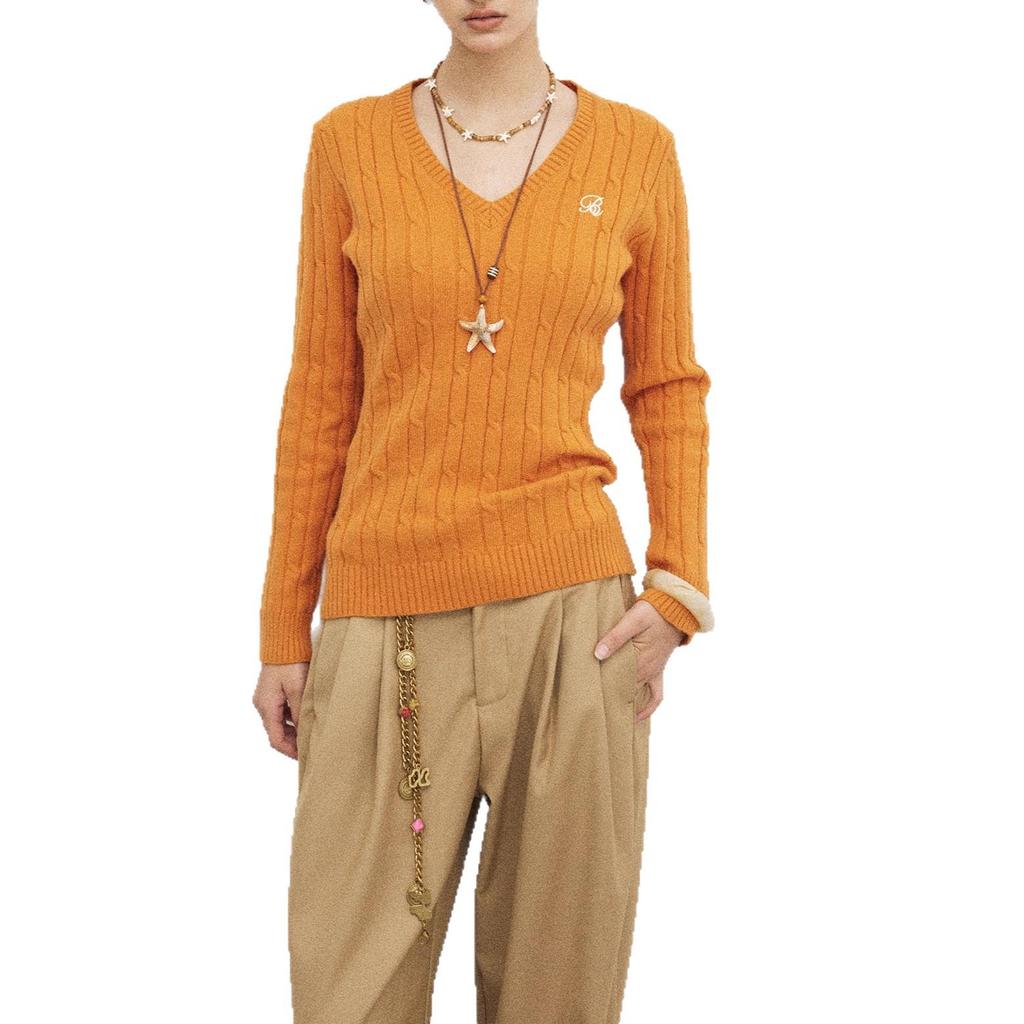 Women's Autumn Slim Fit Orange V-Neck Cable Knit Sweater - Korean Style Long Sleeve Casual Top