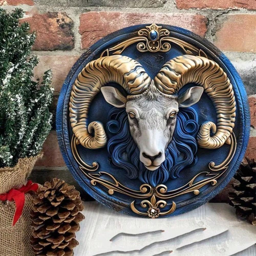 Vintage Zodiac Ram Round Metal Sign Weatherproof Wall Art Home Decor 20x20
