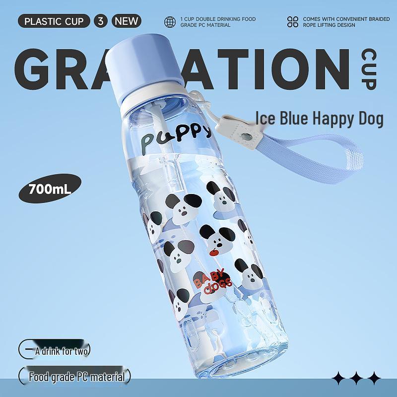 Korean Style Cartoon Plastic Straw Cup for Students - Cute, Portable, Outdoor Sports Use 700ml