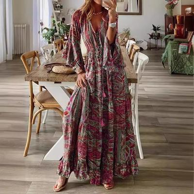 New Bohemian Flare Sleeves Printed V-Neck High Waist Holiday Dress Fragmented Flower Women's Maxi Dress