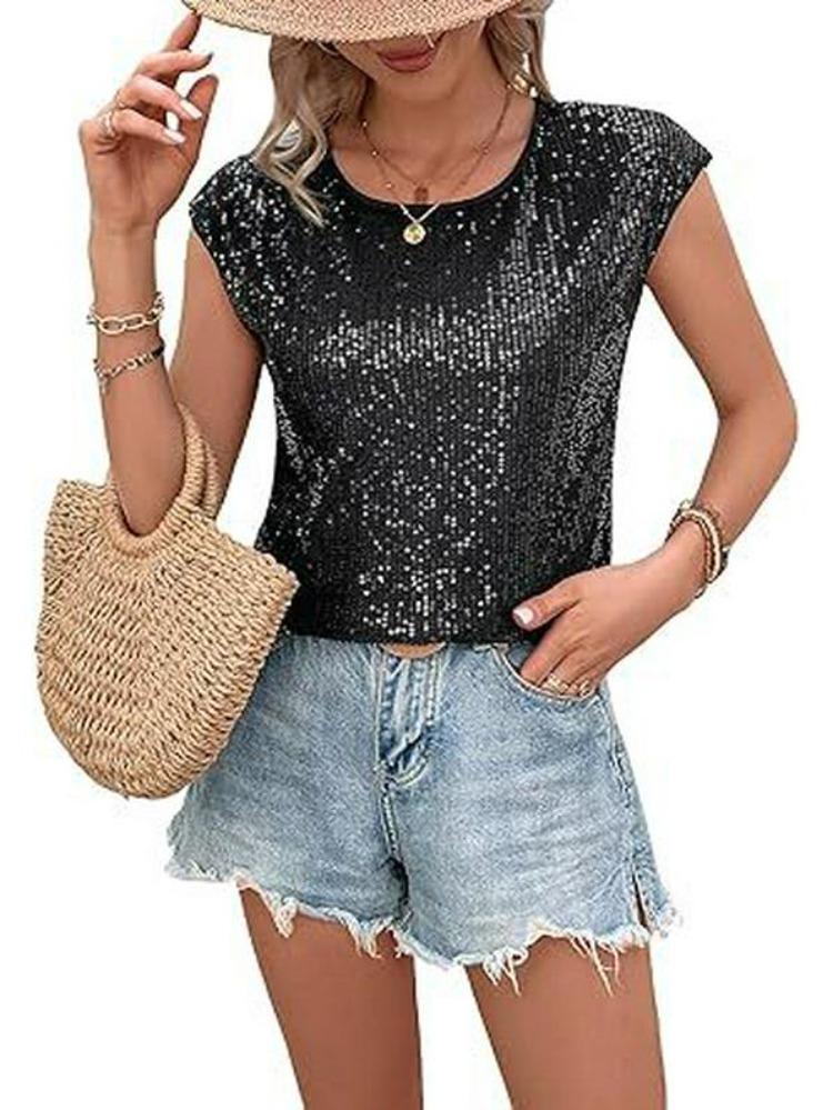 Třpytivé flitrované tričko s krátkým rukávem pro ženy s kulatým výstřihem módní top 2024