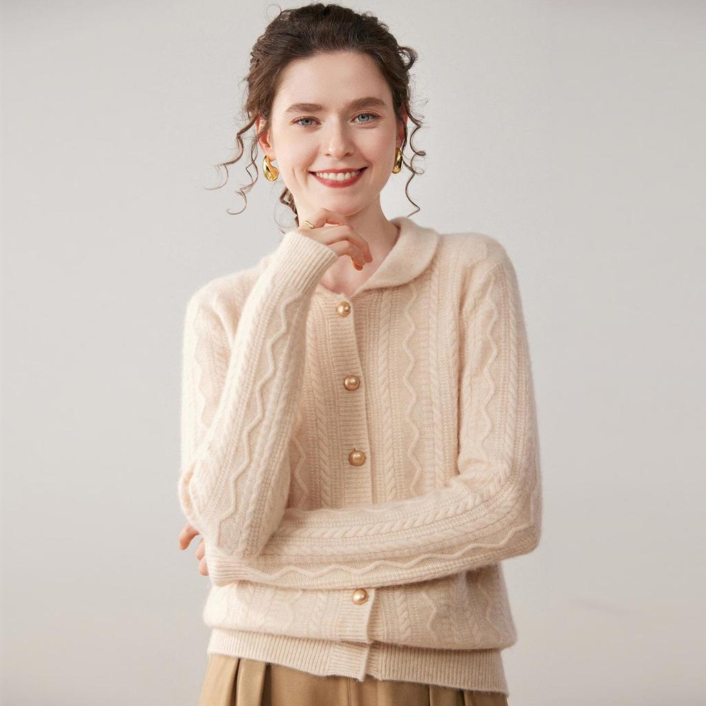 Korean Style Loose Cashmere Cable Knit Polo Collar Cardigan for Women