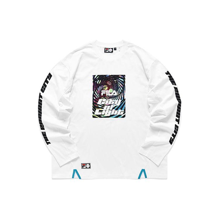 Fila Fusion Streetwear Logo Japanese Style Casual National Trend Color Transfer Print Loose Knit Long Sleeve T-Shirt Unisex Tops White T11U136201F-WT