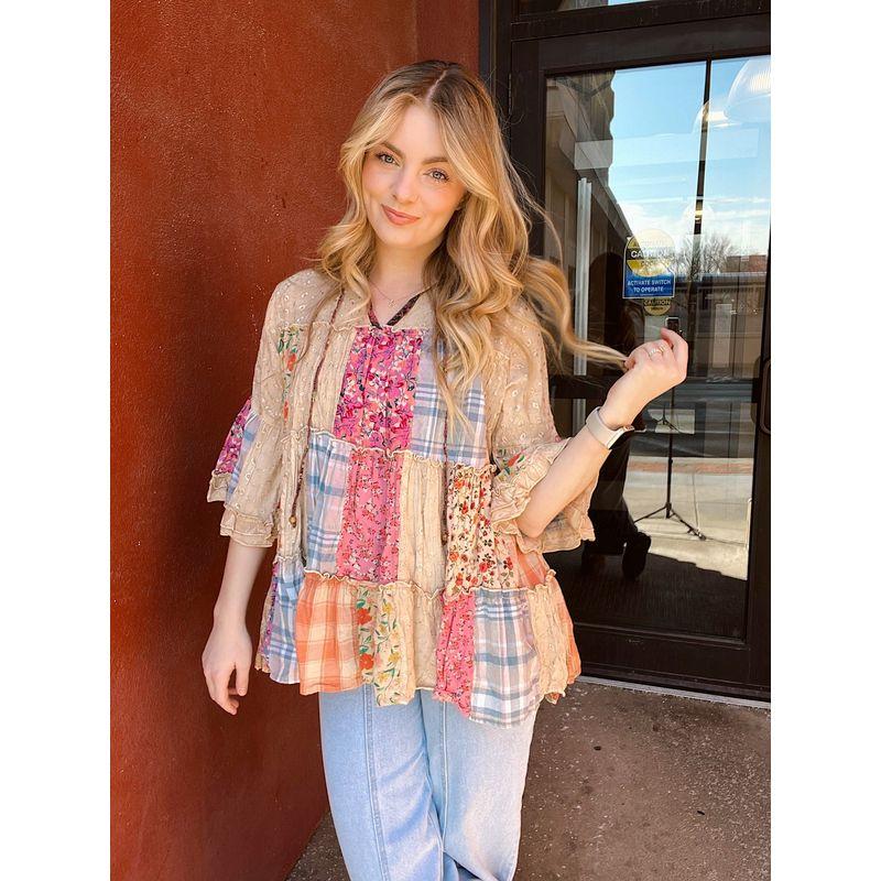 

Patchwork Top2025 European and American Women Retro Digital Print Plaid Patchwork Loose V-neck 3/4 Sleeve Top Splice Color XXL