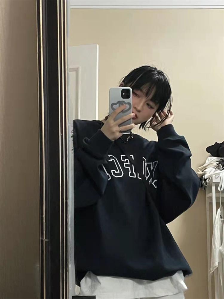 Ladies Vintage Letter Printed White Hoodie for Autumn Winter  Women O-neck Long Sleeve Loose Oversized Sweatshirt Top