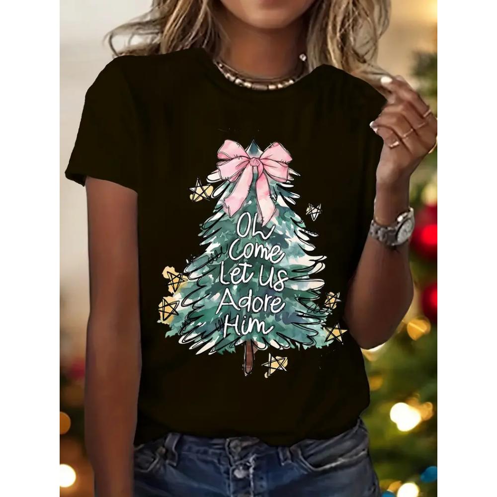 Christmas Tree Printed Women's T-shirt Summer Round Neck Christmas Party Fashion Short Sleeve 3D Bow Red/Green