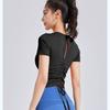New Style Drawstring Beautiful Back Pleated Yoga Wear Short Sleeved Female All-in-one Cup Fitness Sports Top with Chest Pad for Women