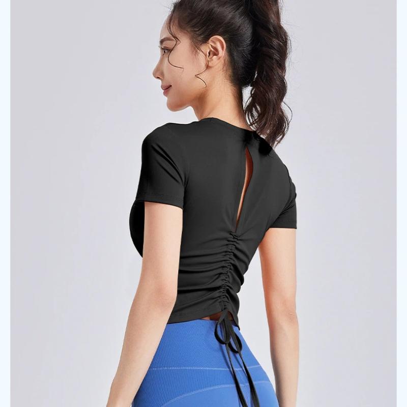 New Style Drawstring Beautiful Back Pleated Yoga Wear Short Sleeved Female All-in-one Cup Fitness Sports Top with Chest Pad for Women
