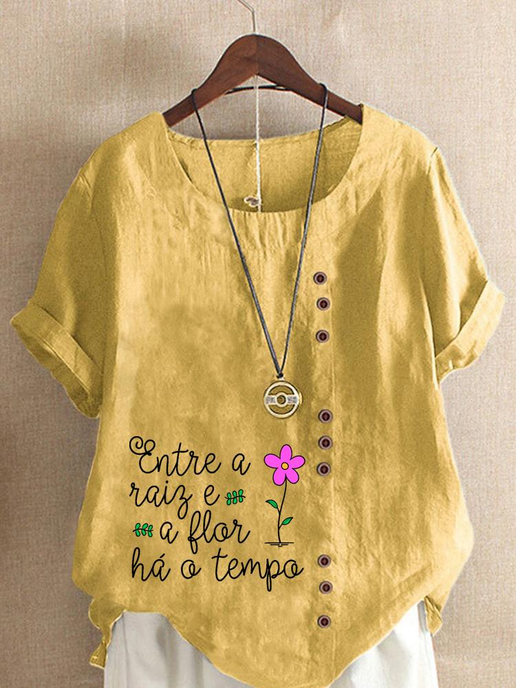 Women's Fashion Letter Print Casual Cotton Linen Short Sleeve Round Neck T-shirt Shirt Leisure Loose Summer Blouse Tops