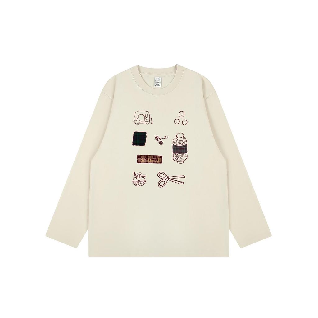 Unisex Korean Style Long Sleeve Cotton T-Shirt with Original Funny Print for Autumn/Winter