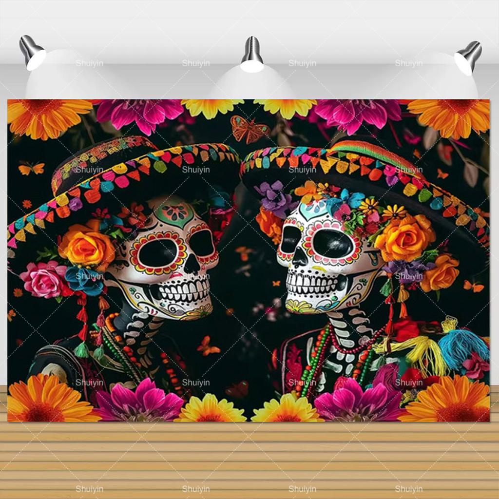 Day Of The Dead Photography Backdrop Skull Marigold Mexican Fiesta Día De Los Muertos Decoration Party Supply Photo Studio Props