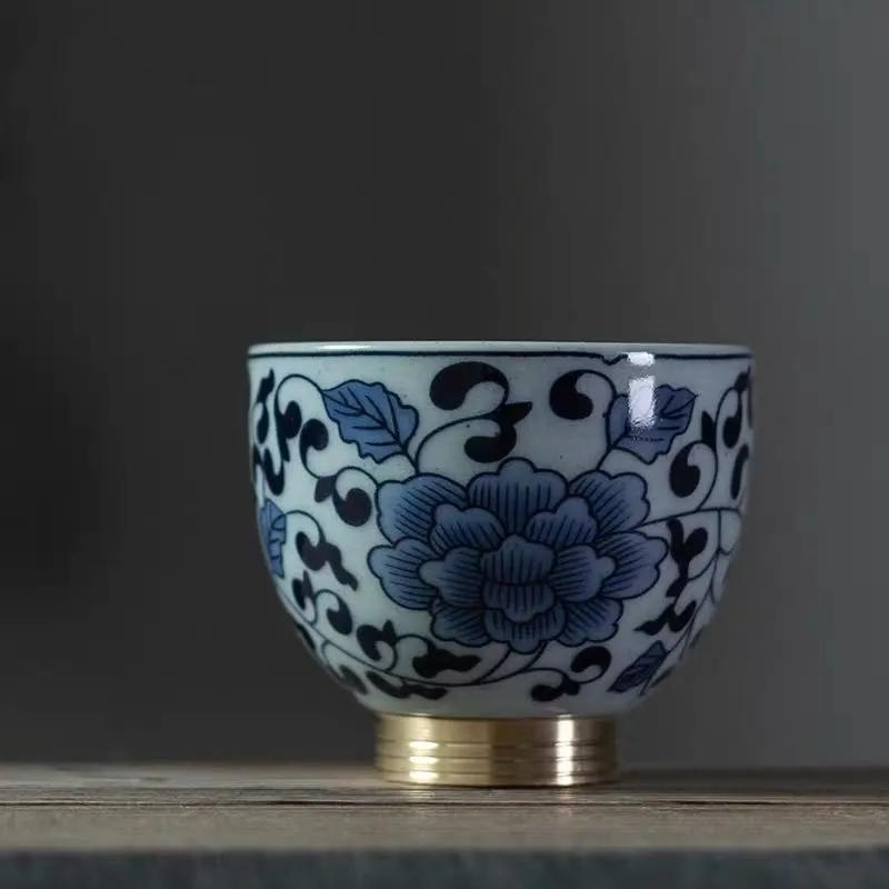 Blue Pattern Copper Sole Teacup Ceramic Teacup Large Retro Master Cup Personal Single Cup Kombucha Cup Ceramic Teacups  200ml