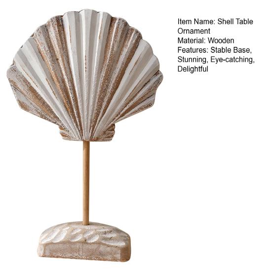 Summer Wooden Shell Ornament with Base Handmade Coastal Seashell Shape Figurine Beach Ocean Tabletop Centerpiece for Living Room Bathroom