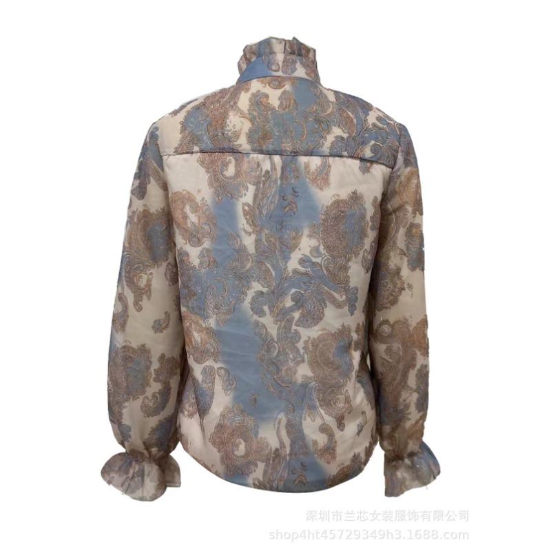 Spring and Summer New Style Lantern Sleeve Lace-up Top Floral Print Holiday Style Shirt