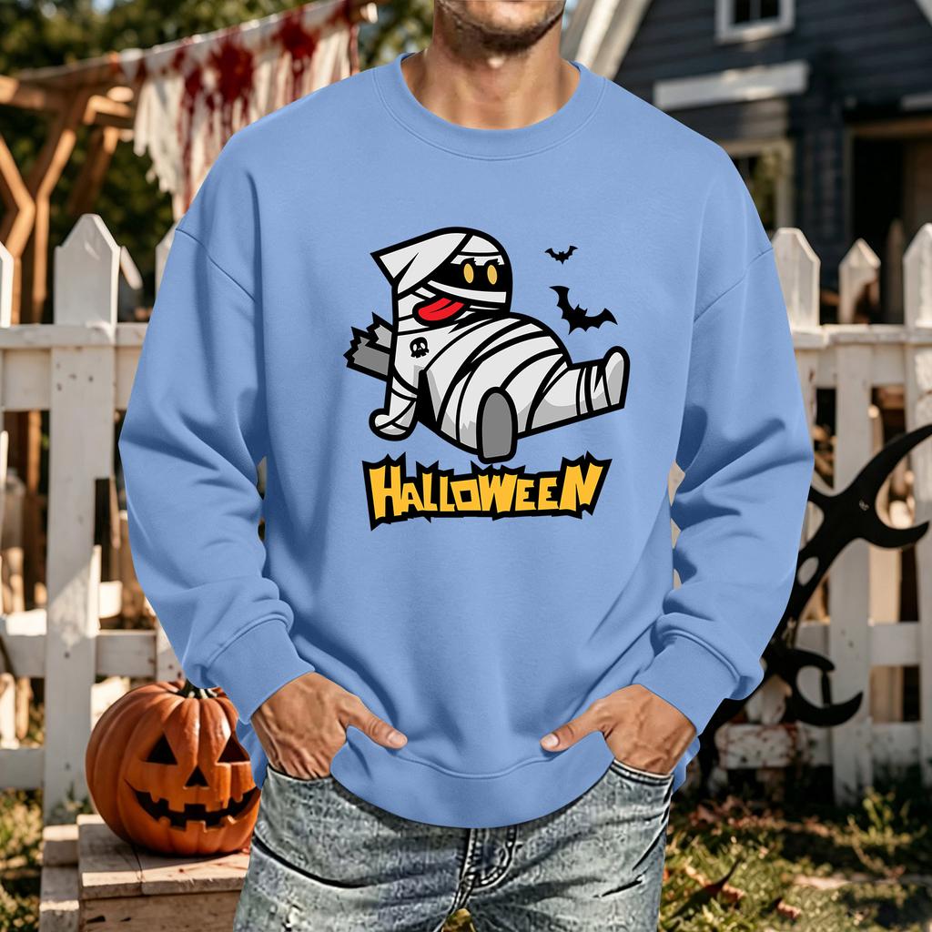Men's Halloween Printed Long Sleeve T-Shirt Unisex Crewneck Casual Sports Top