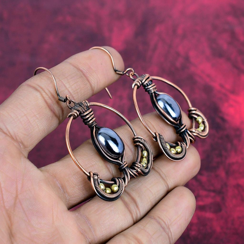 Shungite earring copper wire wrapped earring handmade jewelry natural gemstone earring copper wire wrap jewelry gifts for mom dangle earring