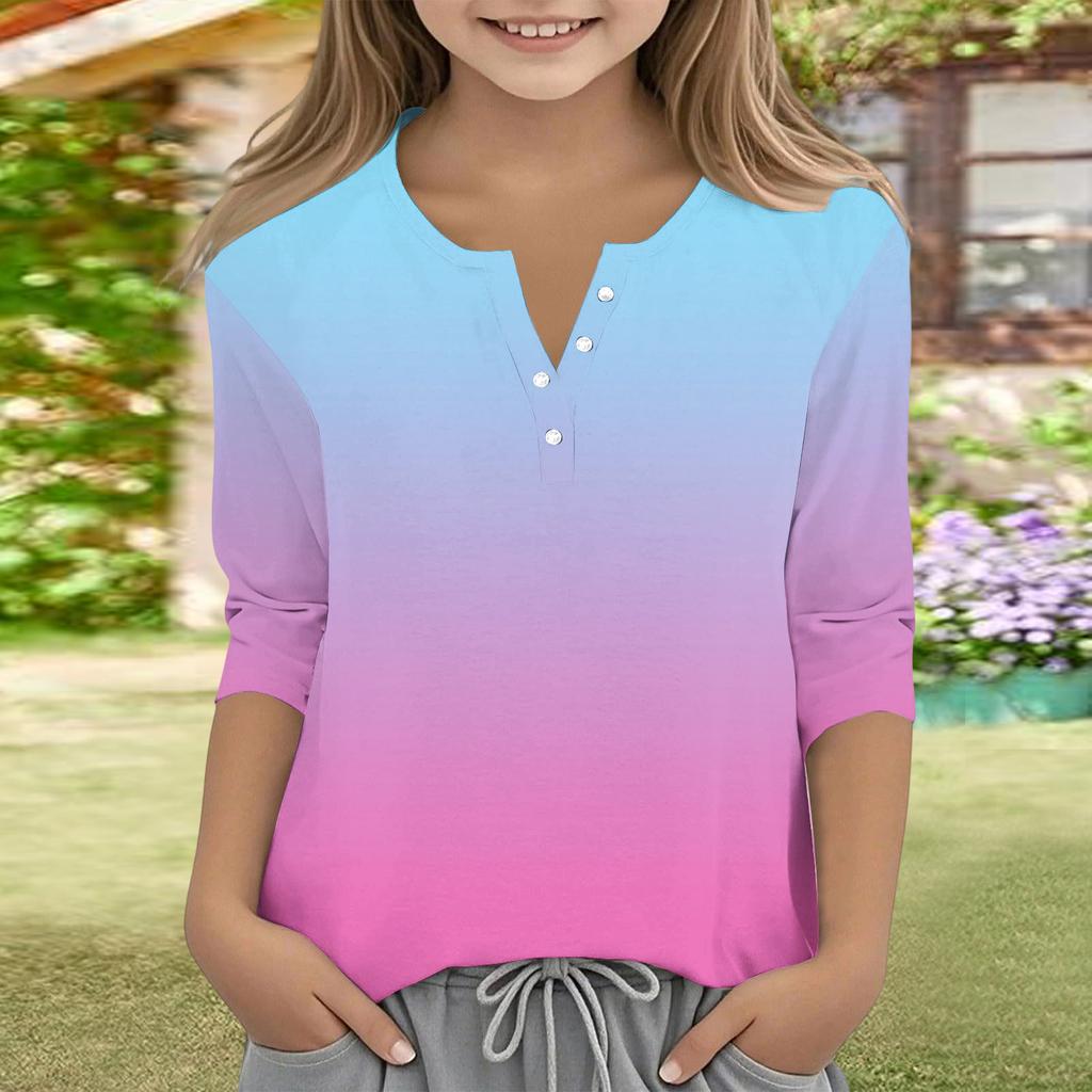 Print Tops For Youth Girls V Neck Button 3/4 Sleeves T-Shirts Trendy Tops Outfit Tees