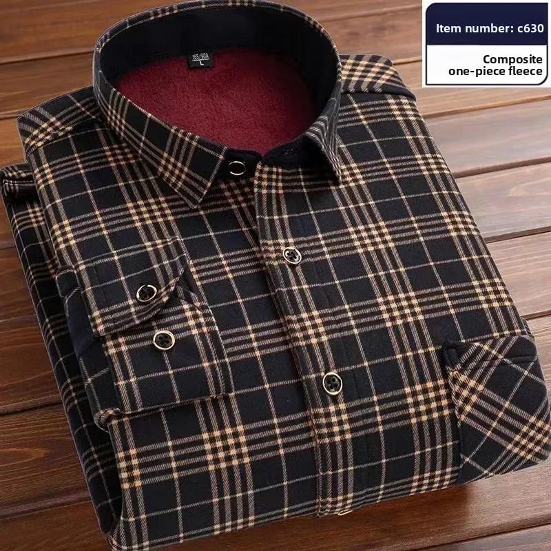 2025 Men's Autumn Winter Thick Warm Long Sleeve Plaid Shirt Thick Fleece Warm Casual Shirts for Men Oversized Plaid Shirts Male
