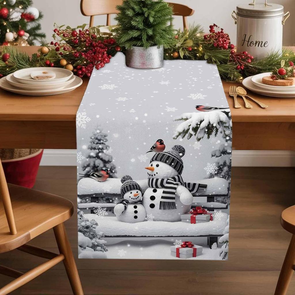 Christmas Snowman Bird Snow Tree Linen Table Runner Party Decor Winter Holiday Kitchen Dining Table Runner Christmas Decorations