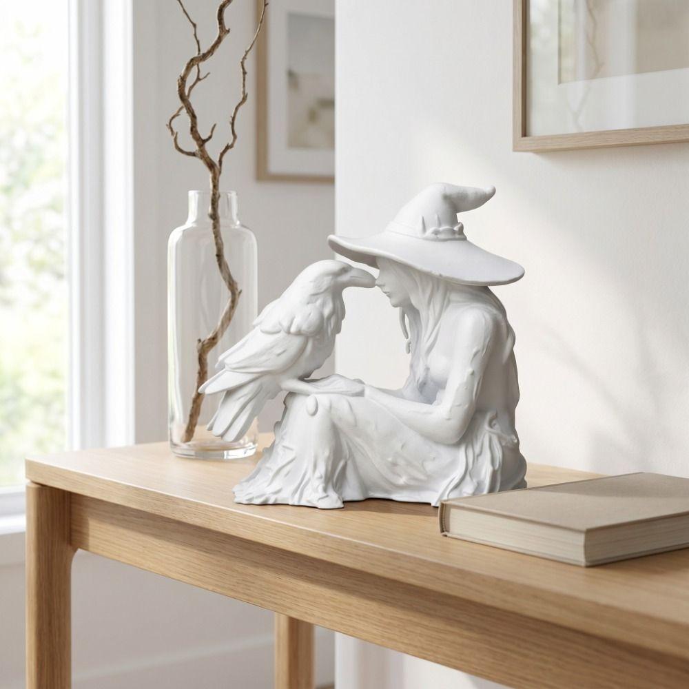 Desk Ornaments Witch Sculpture Gothic Style Halloween Decoration Bird and Girl Sculpture Office