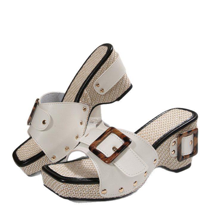 2025 Summer Plus Size Women's Thick Heel Metal Buckle Slippers - One-Strap Beach Sandals