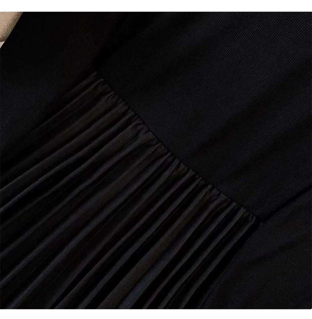 Women's Elegant Mid-Length Black Dress - 2025 Autumn New Style, Slimming Pleated Skirt, Long Sleeve Versatile Design