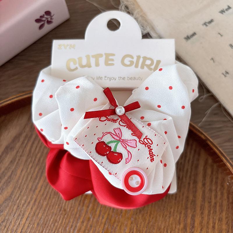 Red Scrunchies Cherry Plaid Girls Elastic Hair Bands Red Bow Polka Dot Heart Hair Rope Ties Ponytail Holder Rubber Band Headwear