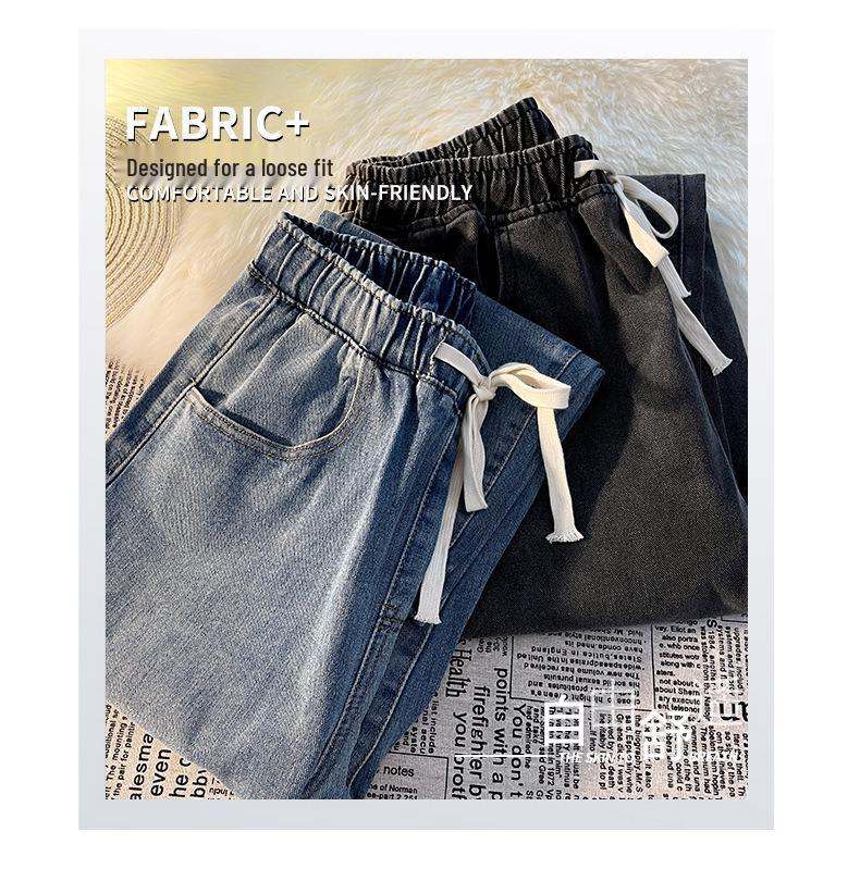 Women's Light Blue Elastic Waist Denim Jeans: Spring/Summer Loose, Slim, Straight, Wide-Leg, Petite, Casual, Comfortable.