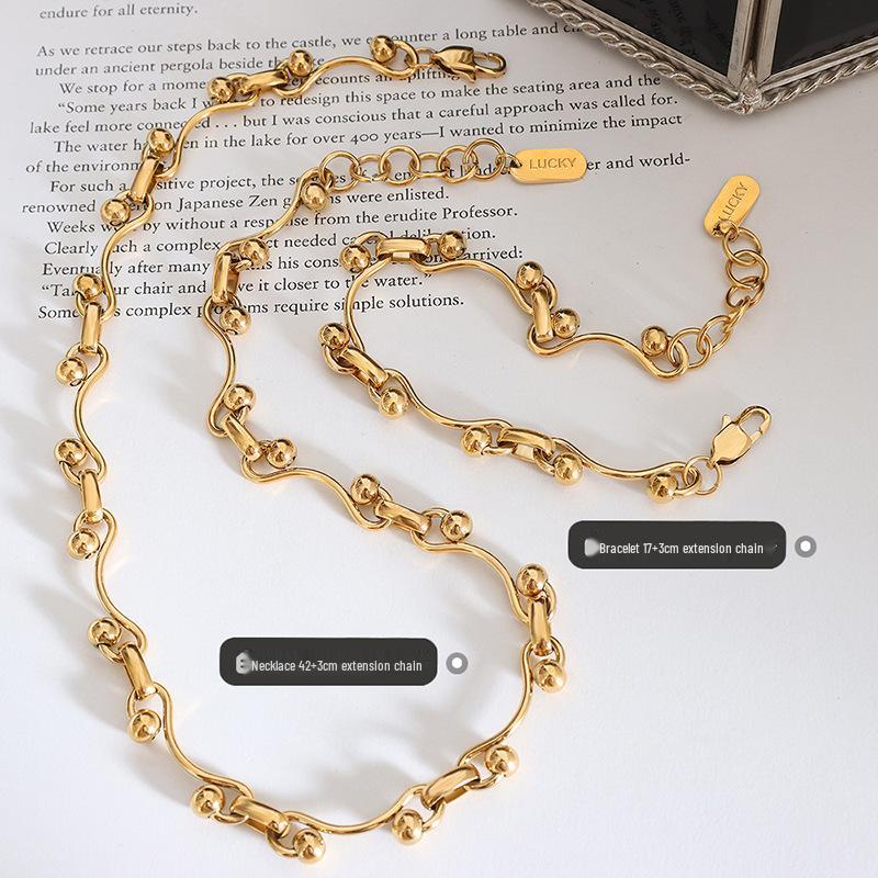 European Spicy Girl Layered Chunky Chain Necklace & Bracelet Set - Gold-Plated Titanium Steel
