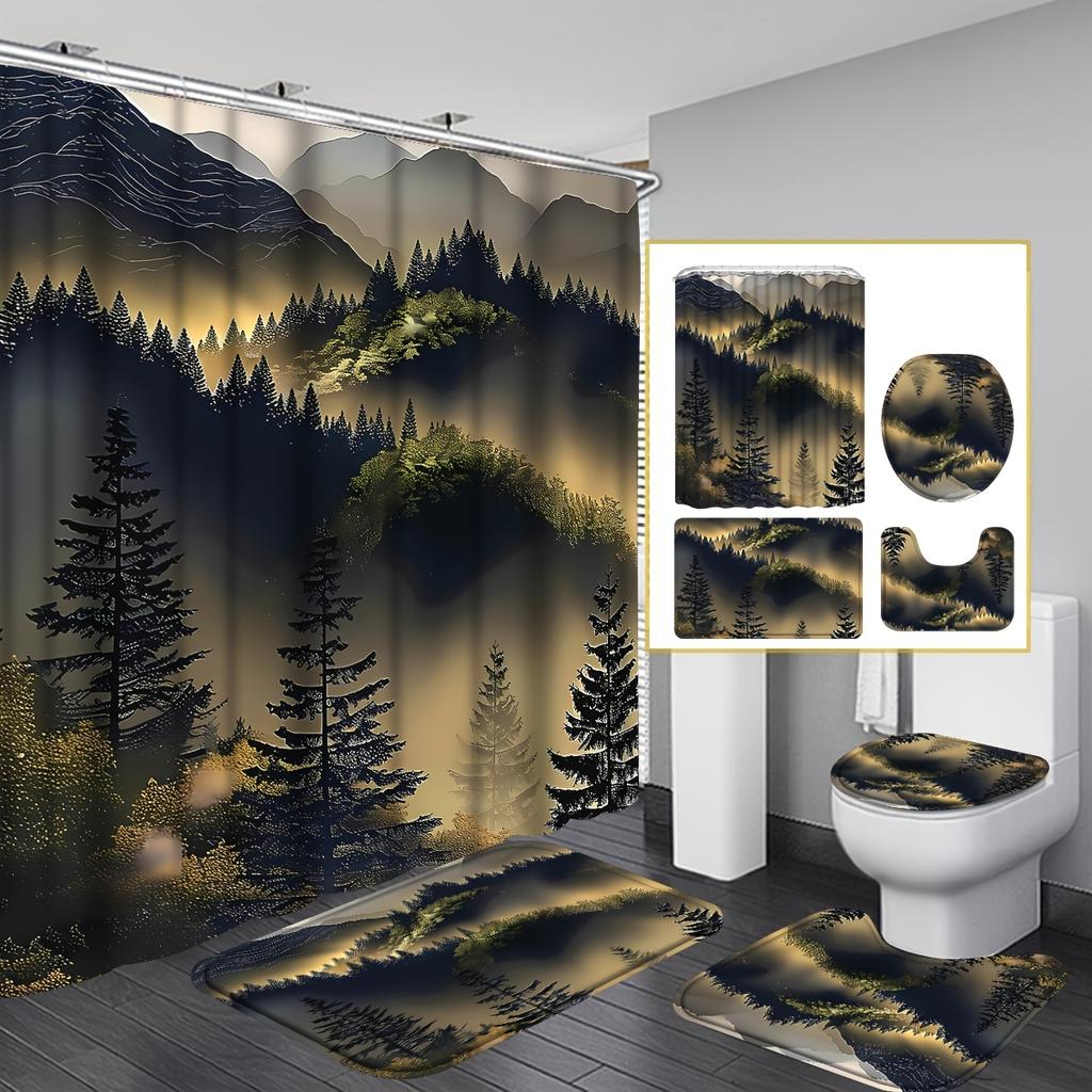 4-teiliges Duschvorhang-Set „Berg im Nebel“ mit rutschfester Badematte, Toilettendeckelbezug, Kontur-Teppich & 12 Haken, Badezimmer-Dekoration