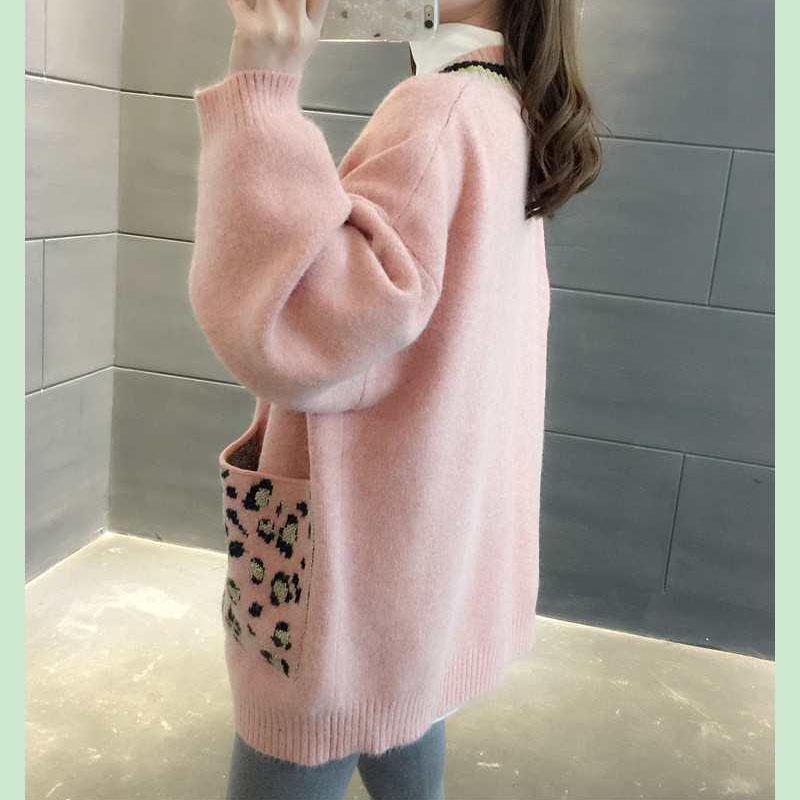 Spring and Autumn V-neck Knitted Cardigan Women Leopard Pocket Sweater Coat Versatile Student Mid Length Cardigan Sweater