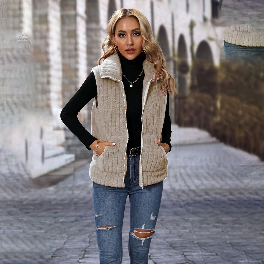 

Осенне-зимняя женская свободная полосатая короткая повседневная куртка-жилет с лацканами и молнией XL абрикосовый