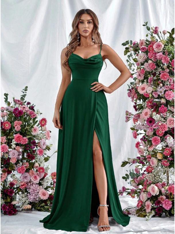 European Spring 2026 Strappy Off-Shoulder Sleeveless Slit Solid Color Elegant Women's Dress