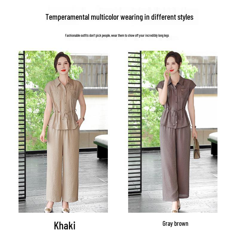 2026 Summer Casual Set for Moms: Elegant Lapel Short-Sleeve Chiffon Top for Middle-Aged & Elderly Women