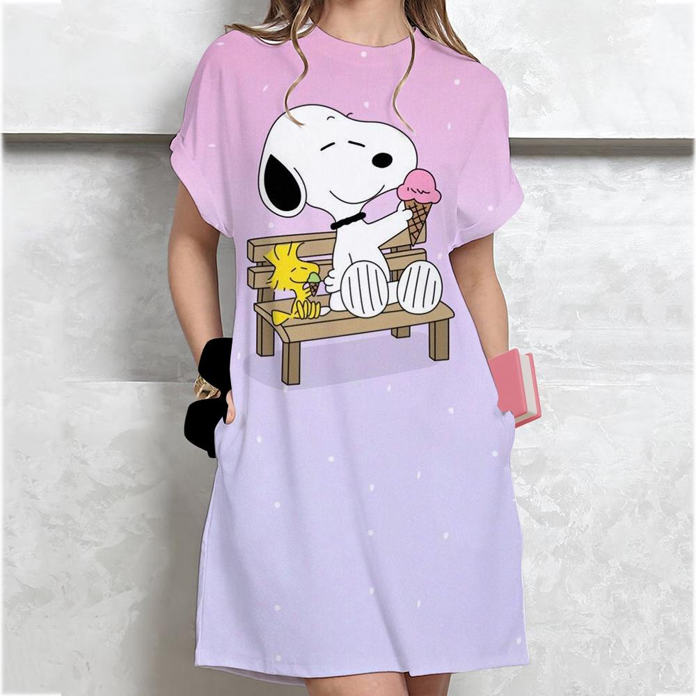 

Жіноча вільна літня сукня з коротким рукавом великого розміру з принтом Snoopy, міні-сукня в стилі футболки, літня повсякденна вільна сукня M