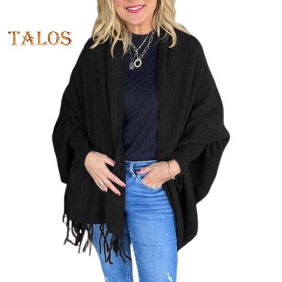 

Женский кардиган-шаль с длинным рукавом «летучая мышь», кисточками, однотонным свободным верхом, открытым спереди, осенне-зимняя вязаная шаль чёрный