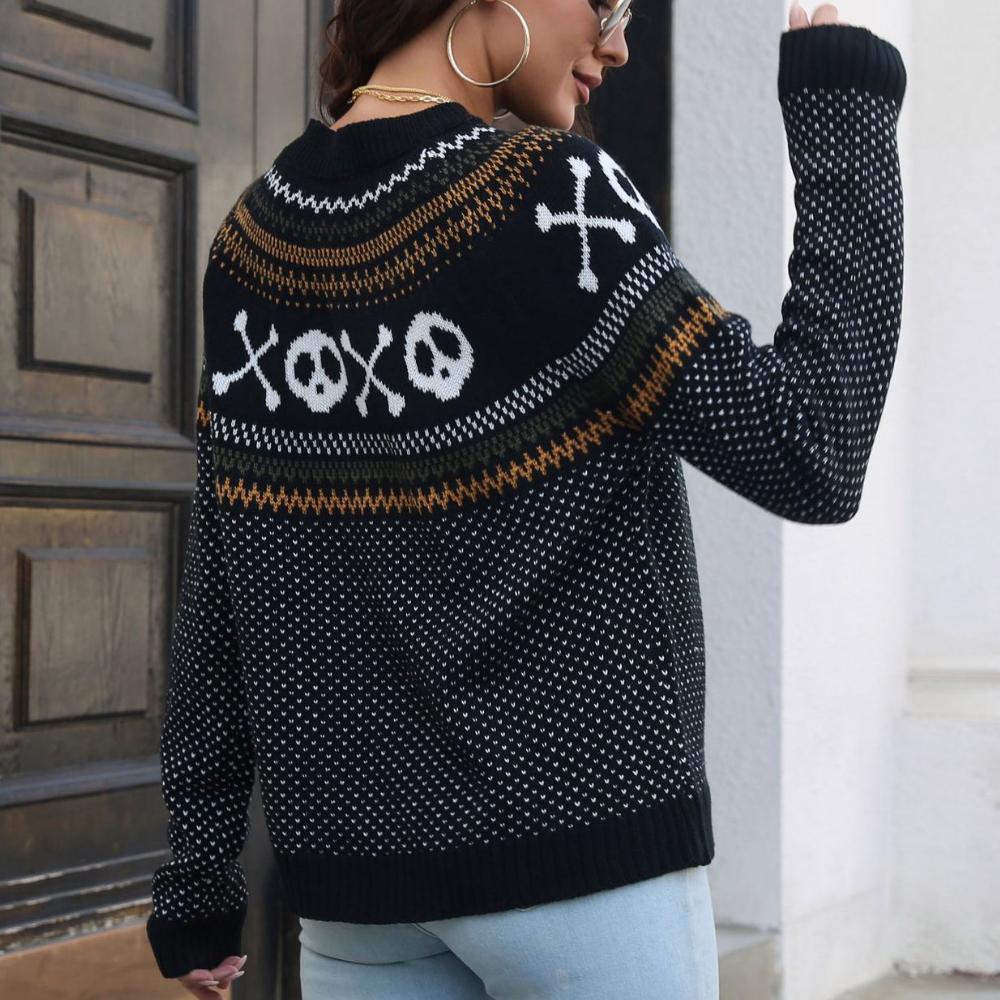 IHUASU Damen Herbst- und Winter Retro Polka Dot Langarm Strickpullover Locker