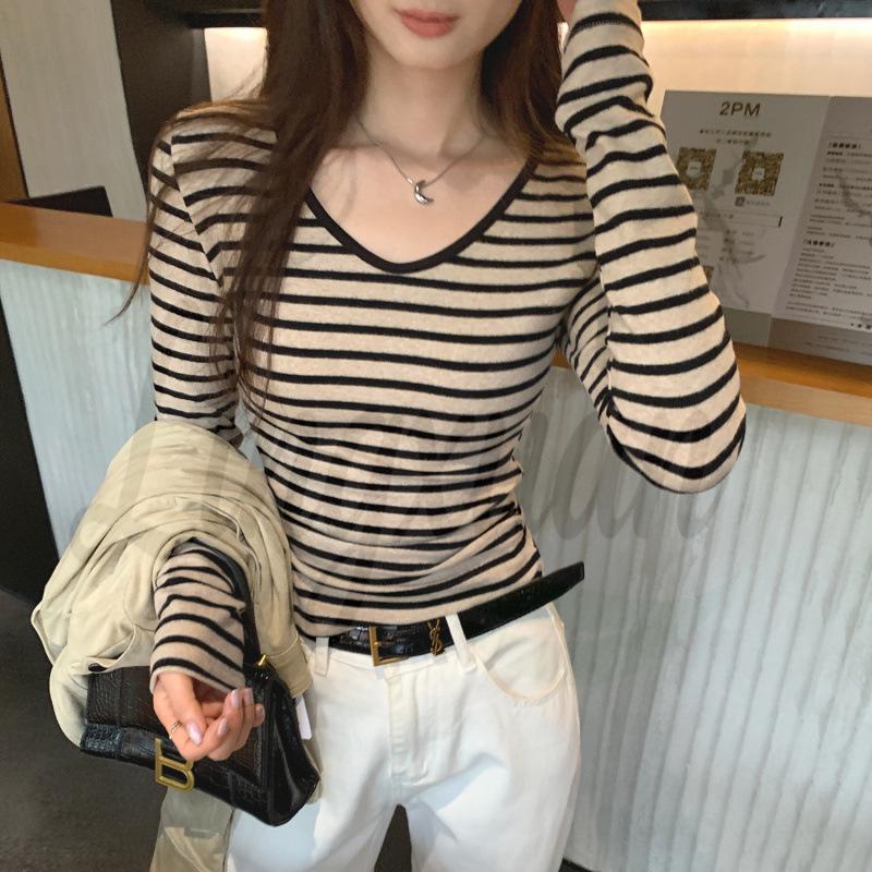 Stunning Striped V-Neck Base Layer Shirt for Women - Long-Sleeve, Autumn 2026 Style, Wear Alone or as Inner Wear