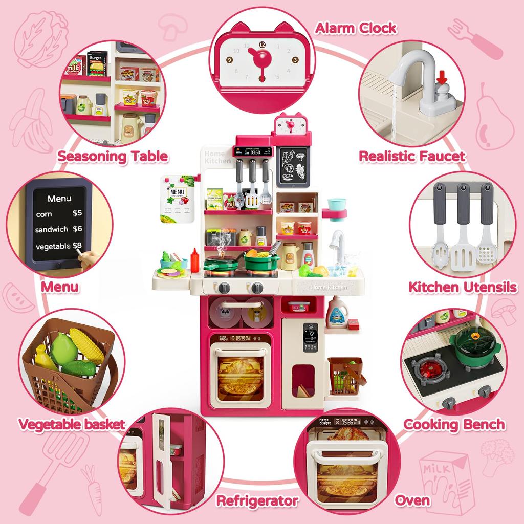 Simulated Kitchen Playset With Lights Sound Spray Steam Kids Pretend Cooking Toy Tableware Sink Set Gift For Boys Girls