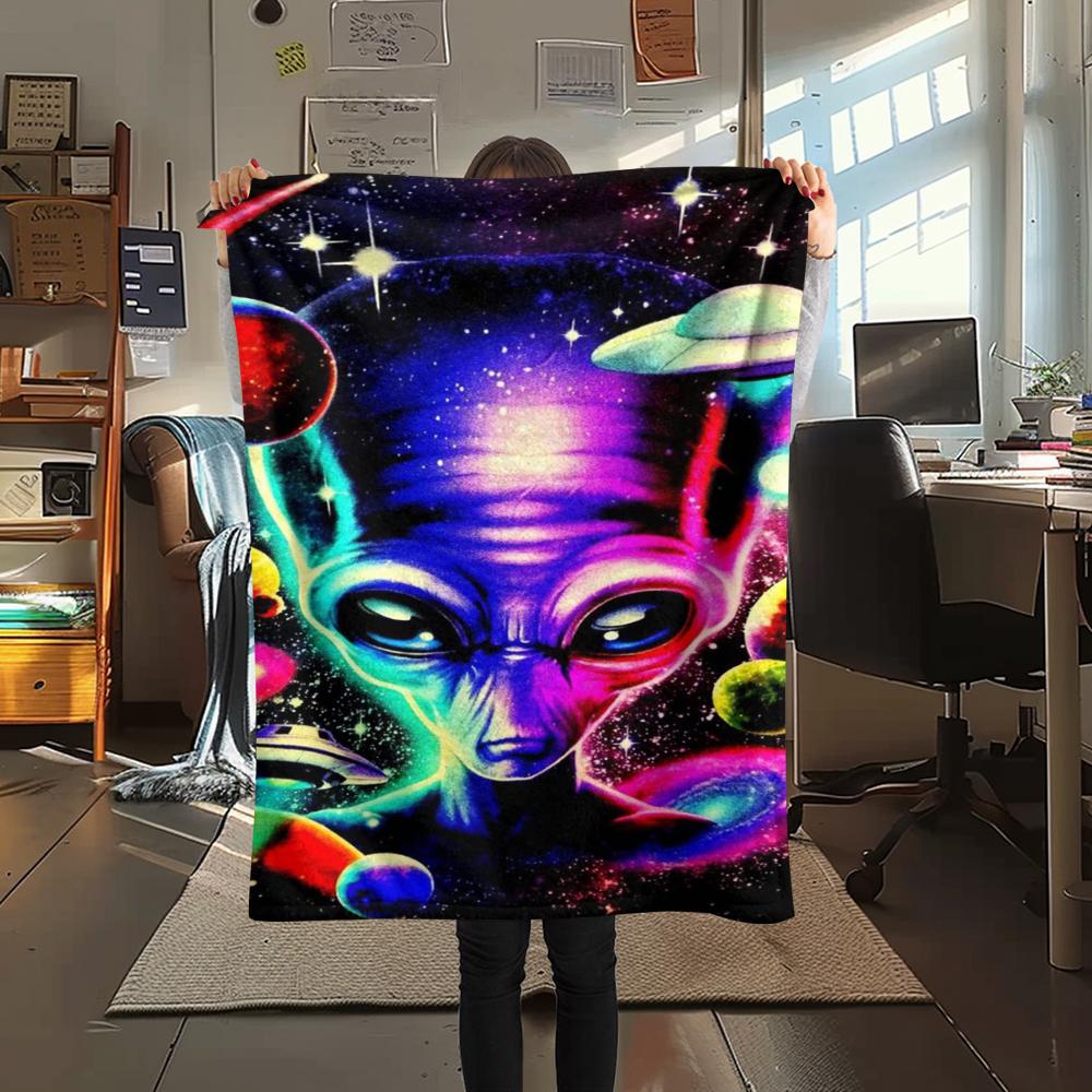 1 szt. Koc flanelowy z nadrukiem UFO i kosmitów, Wysokiej jakości, Wygodny na wszystkie pory roku, Wystrój domu, Ciepło i komfort, Idealny na prezenty