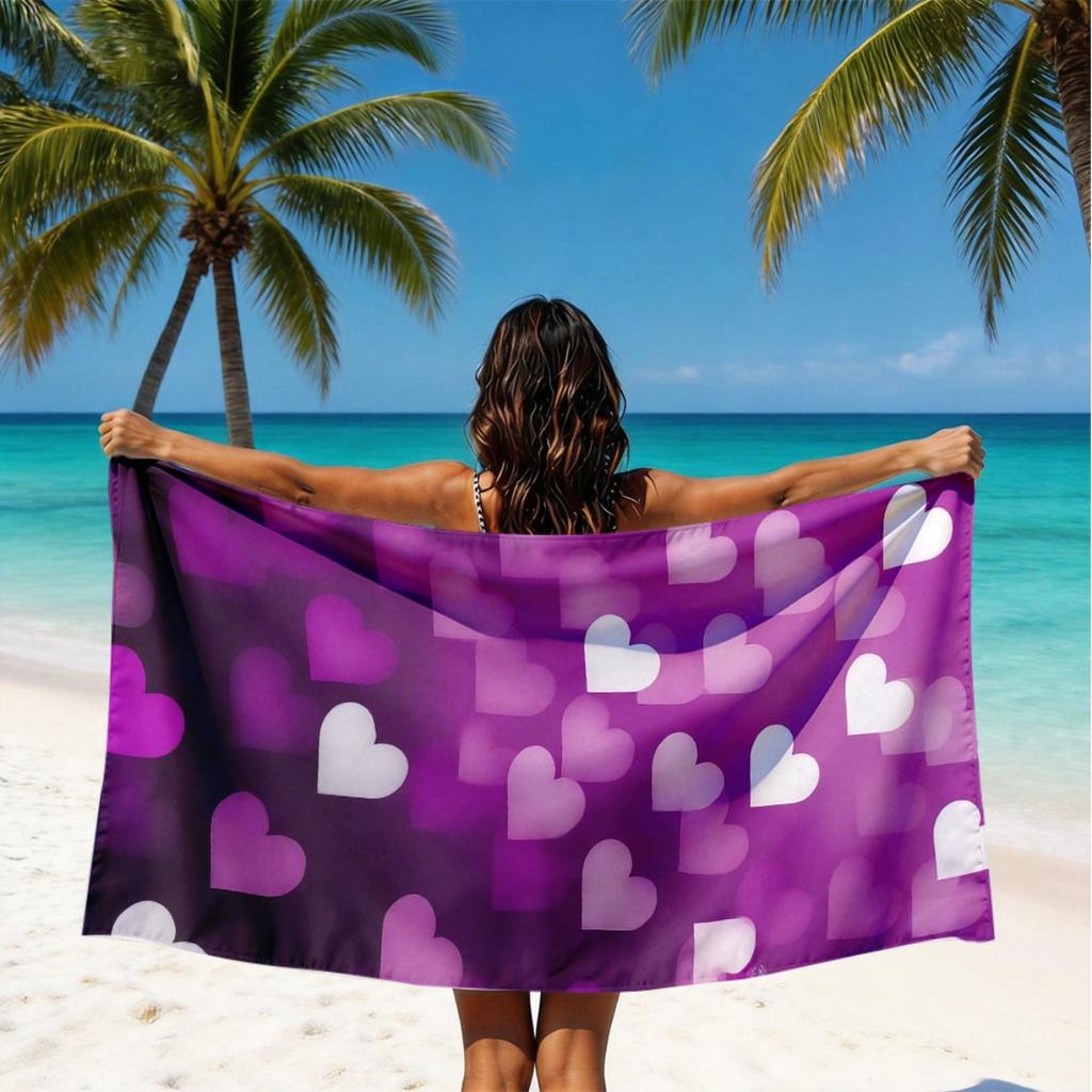 Romantisches Lila Herz Mikrofaser Strandtuch 2D Flach Gedruckt Wasserdicht Sandfest Reise Badetuch Für Meeresurlaub Sonnenbad