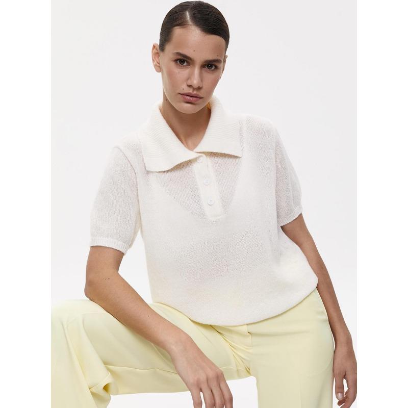 Módní pletený pulovr Dámský svetr s krátkým rukávem 2025 Jaro Léto Klopa Knoflíky Top Jednoduchý Tenký Elegantní Volný Ležérní Kancelářský Pletený Oděv