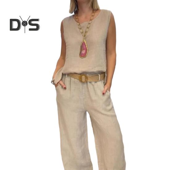 

Женский комплект из 2 предметов из хлопка и льна, безрукавки, с круглым вырезом, широкие брюки, комплекты для отдыха с карманами L хаки