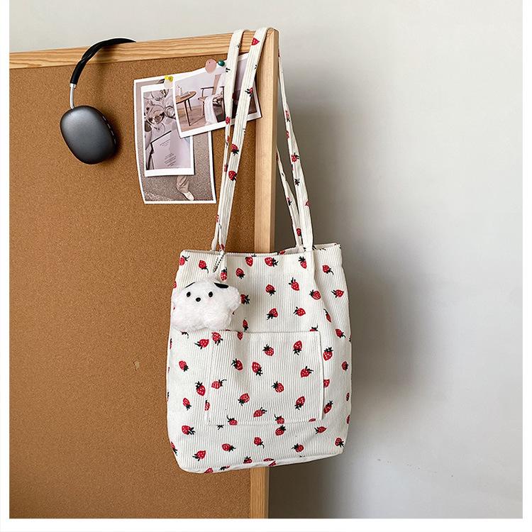 Versatile Corduroy Printed Tote Bag Student Class Make-Up Bag Large Capacity Shoulder Bag Strawberry Canvas Bag Bag