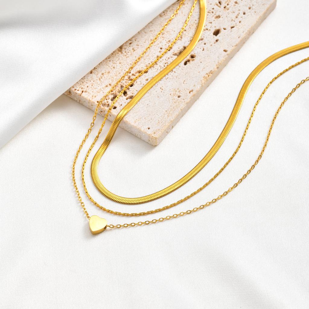French Chic Layered Stainless Steel Necklace Set for Women, Gold Plated Snake Heart Chain 3-in-1 Tarnish Free Jewelry