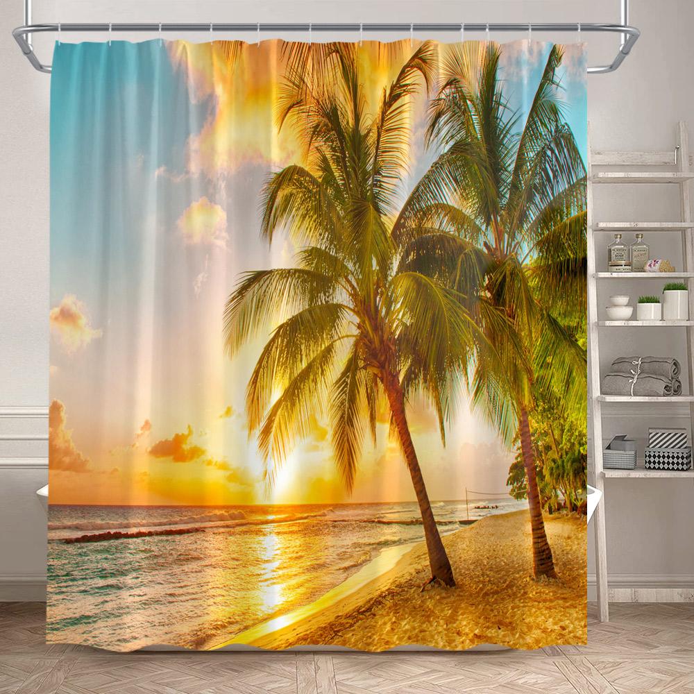 Hawaii Beach Shower Curtain Tropical Palm Leaves Blue Ocean Summer Holiday Nature Scenery Bathroom Curtains Polyester Home Decor